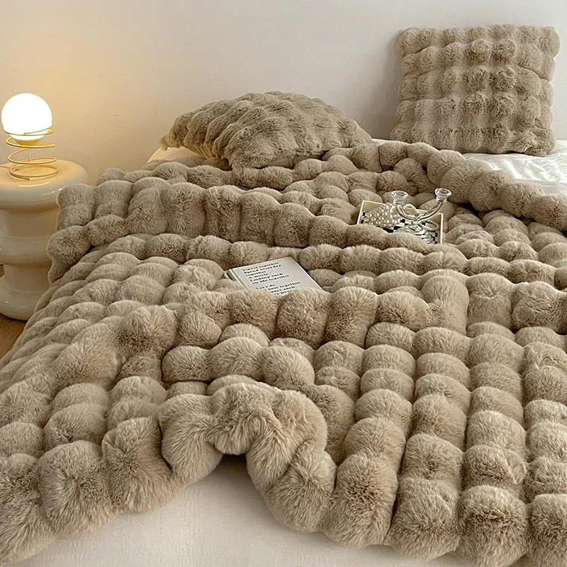 Rabbit Plush Sofa Blanket Winter Luxury Warmth Super Soft Thicken Blankets for Beds High-end Bedroom Quilt Sofa Solid Color