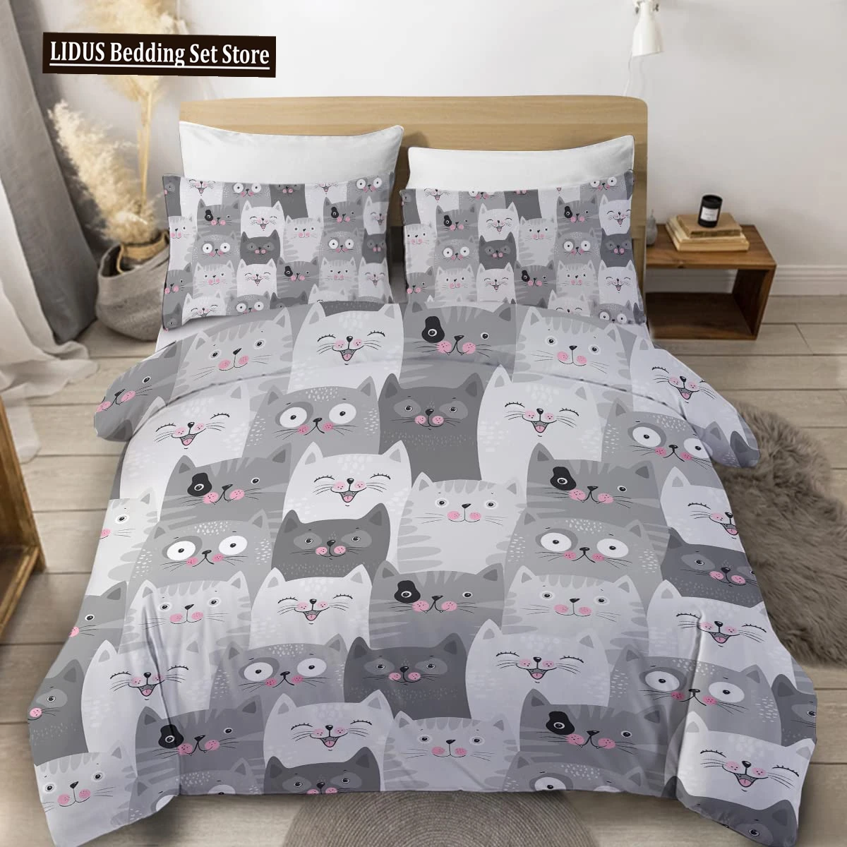 

Cats Duvet Cover Set,Grey And White Cats Bedding Set Cartoon Cats Comforter Set,Girls Kawaii Cat Quilt Cover Set Full King Size