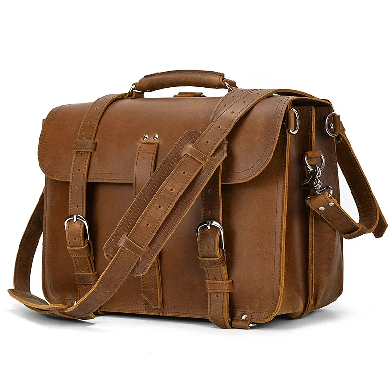 Valigetta in pelle vintage Borsa a tracolla da lavoro in vera pelle al 100% con coperchio Borsa per computer da 15,6 pollici Pelle di vitello solida