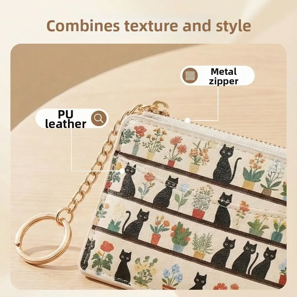 Wear-resistant Card Holder PU Leather with Smooth Zipper Cosure Zipper Coin Purse with Keychain Cat Print Multi-Card Slot Wallet