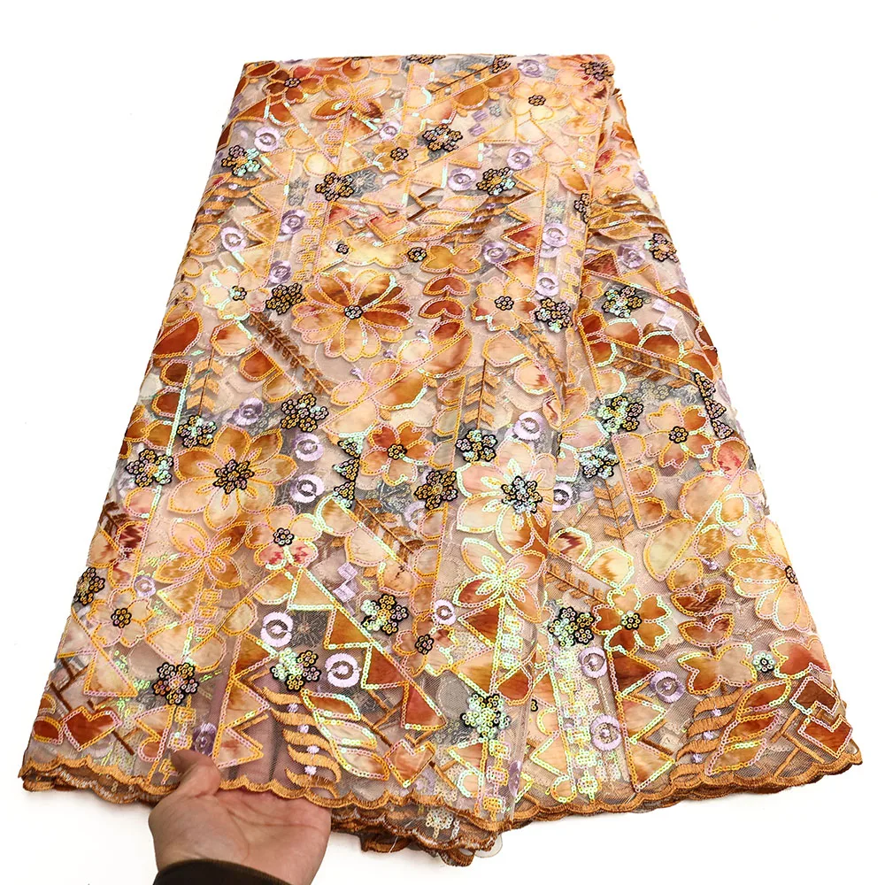 Newest Women Sequined Printing Lace Fabric 5 Yards High Quality Mesh Sequined Printed Lace For Wedding Party Dresses Sew Fabric