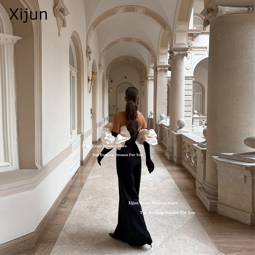 

Xijun Black White Mermaid Evening Dresses Strapless Puff Sleeves Long Prom Dresses Formal Occasion Prom Gowns Women Customized