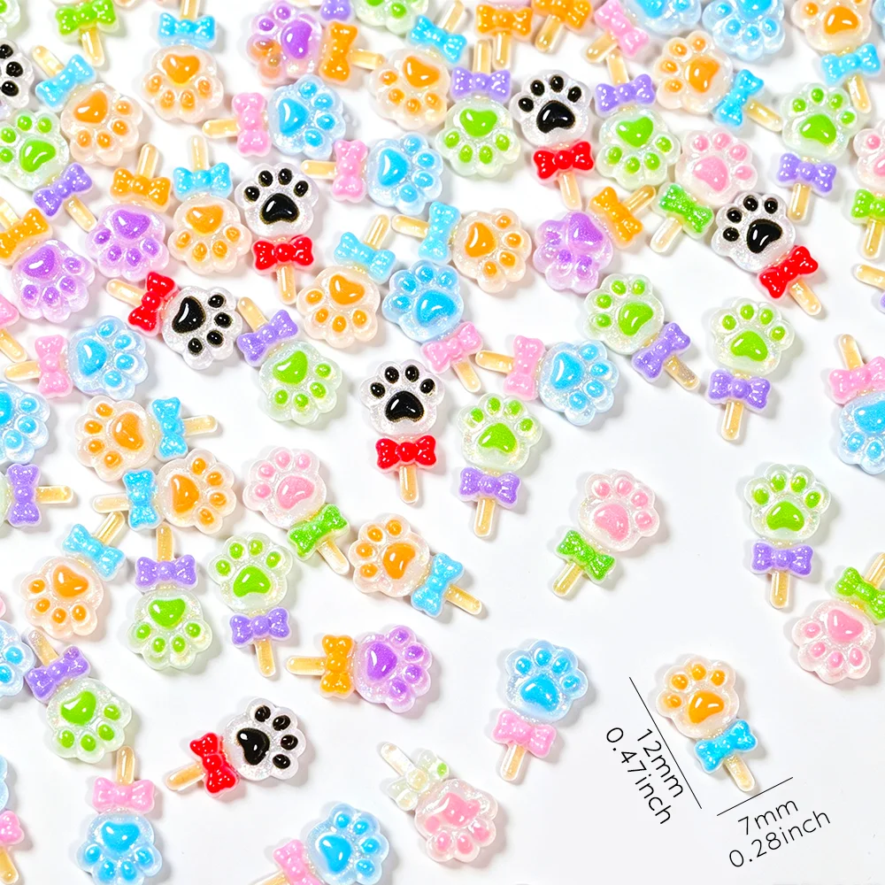 50Pcs Multicolors Cat Paw Magic Wand Bow Nail Charms Flat Back Cat Paws Lollipop Resin Nails Rhinestone DIY Manicure Accessories