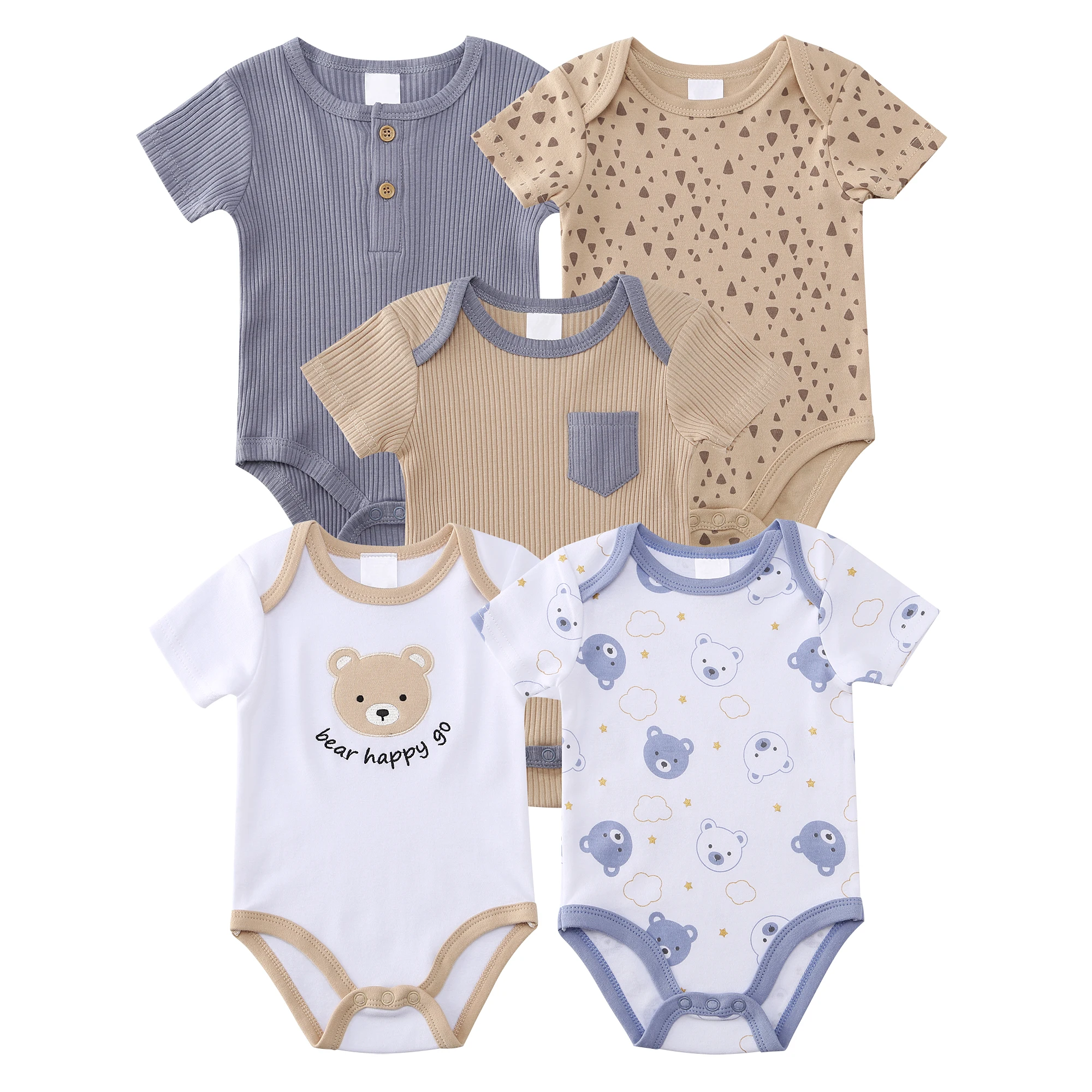 Newborn Baby 5-Piece Cotton Set Short-Sleeved Summer Jumpsuit Fart Jacket Crawling Suit Pure Cotton Triangle Bag