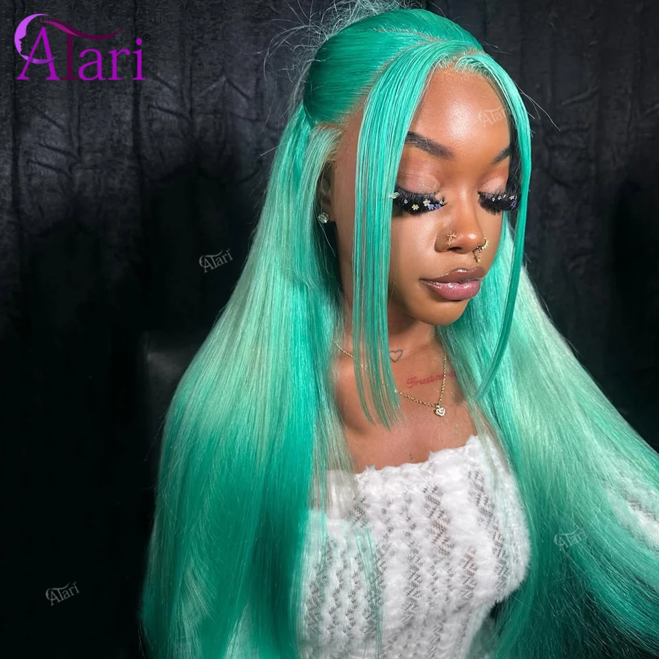 Pelucas de Cabello Humano Liso Verde Menta 13X4 13X6 con Encaje Frontal Transparente, Peluca Remy Color 613 Verde Azulado Claro, Densidad 180, Pre-Desplumada