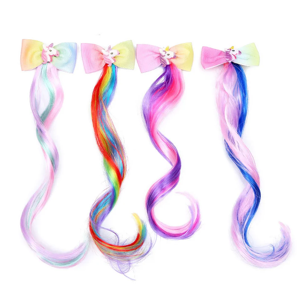 Kids Rainbow Hair Clips Unicorn Hair Extensions for Girls Children Ponytail Holder Baby Princess Barrettes Hair Bow Accessories