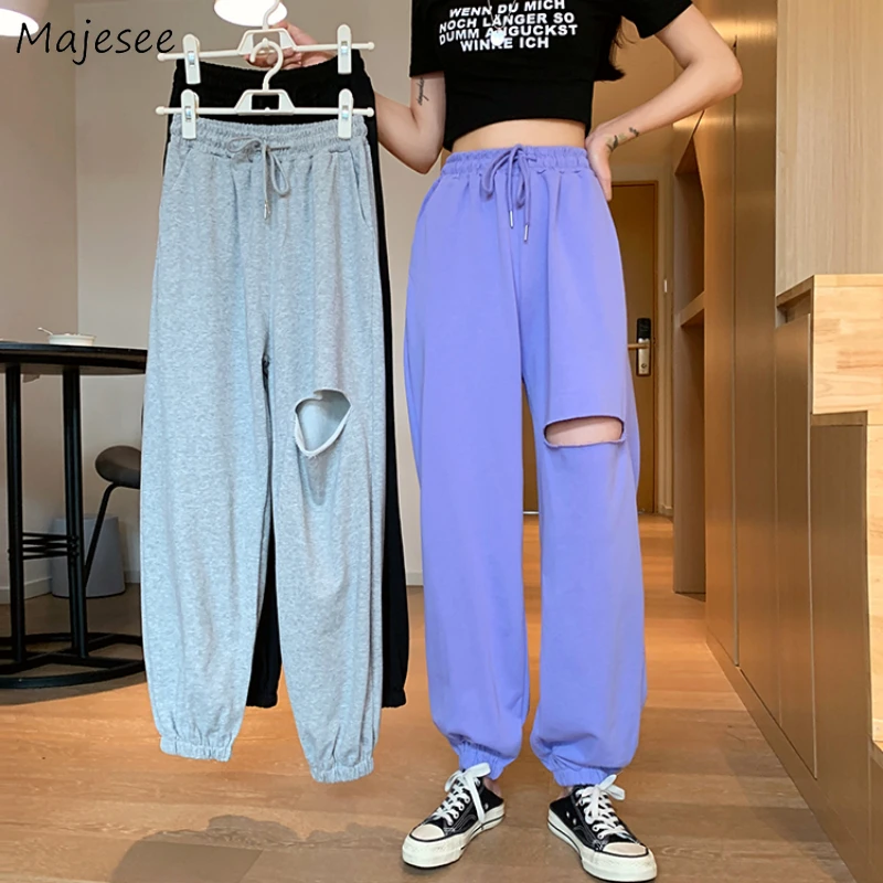 

Harem Pants Women High Waisted Hole Sporty Teens Unisex Streetwear Cool Summer Kpop Ins Mujer Trousers Fashion Chic Casual Basic