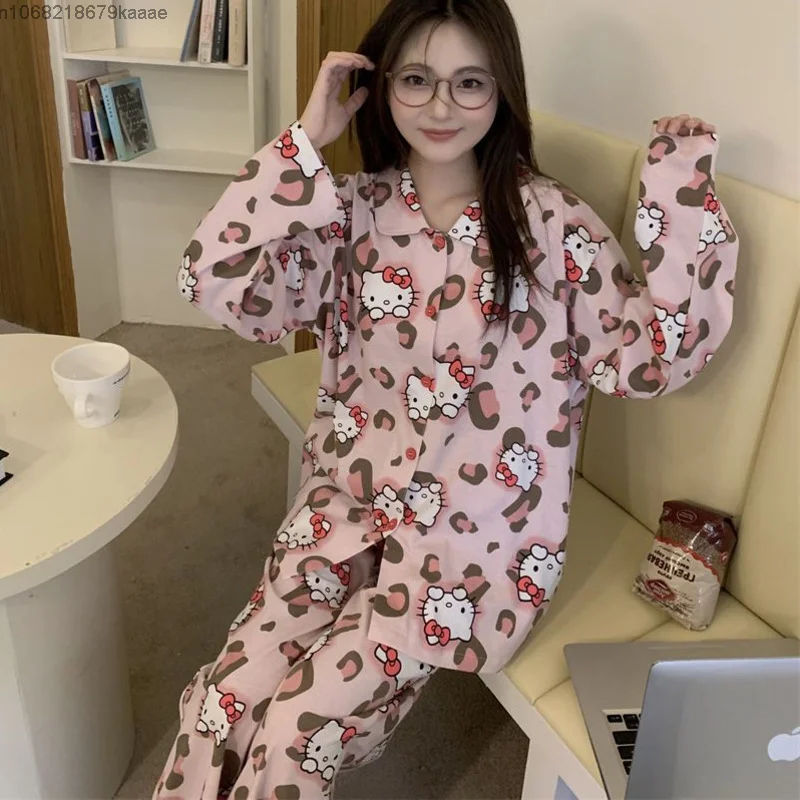 Sanrio Hello Kitty Cute Leopard Print Sleepwear Women Spring Autumn New Fashion Pajamas College Style Long Sleeve Home Suit Set