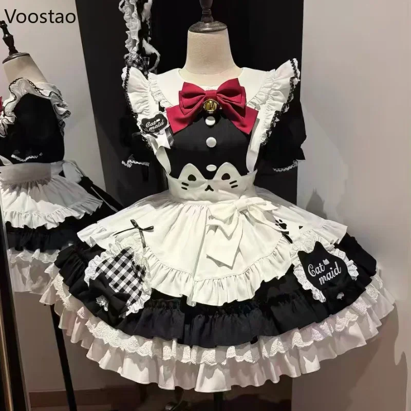 IMU Japanese Kawaii Lolita Princess Dress Set Sweet Y2k Cartoon Cat Lace Ruffles Bow Short Sleeve Mini Dress With Apron Gothic D