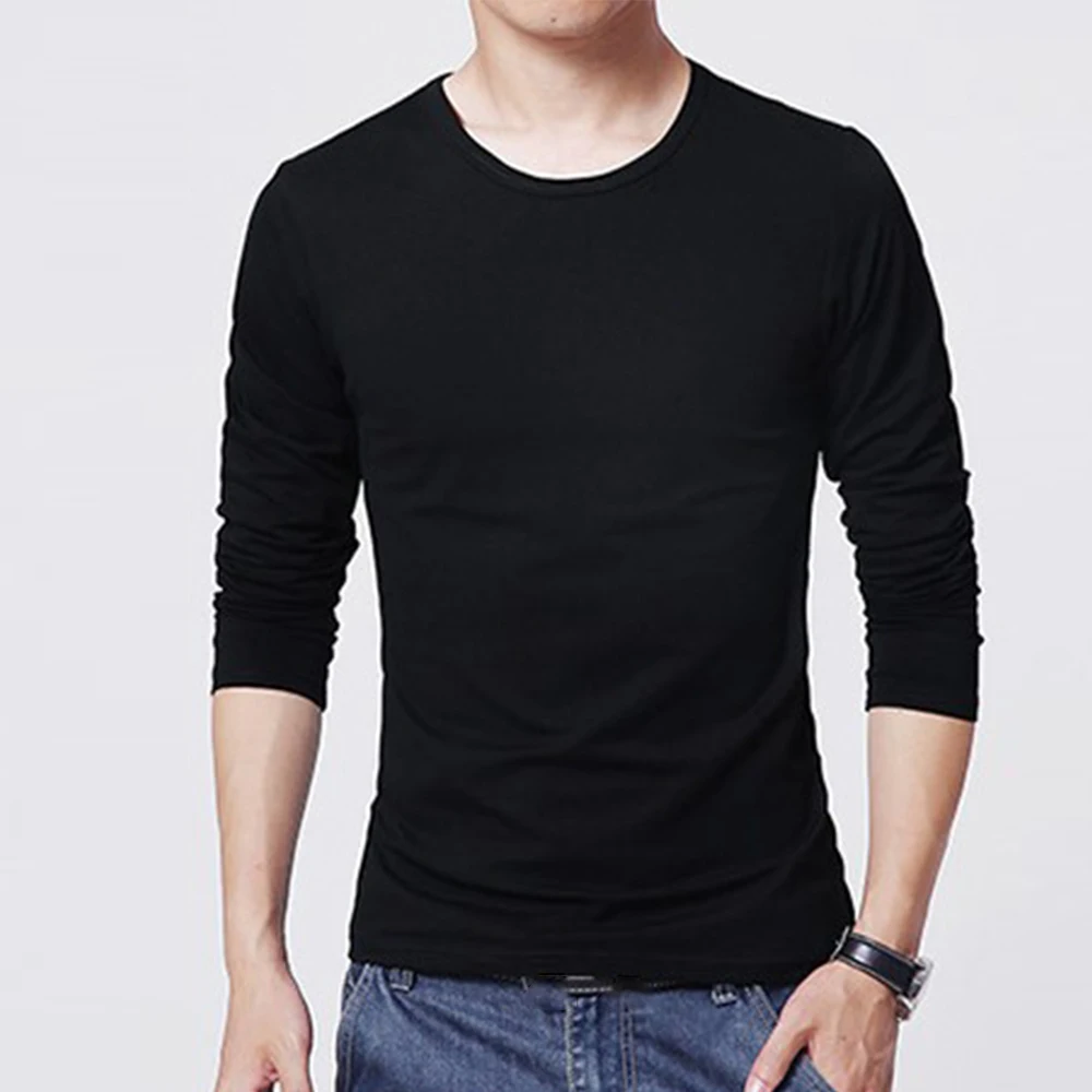 Camiseta de manga comprida com gola redonda masculina, camiseta casual slim fit, tecido de poliéster, tops esportivos fitness, branco, preto, cinza claro