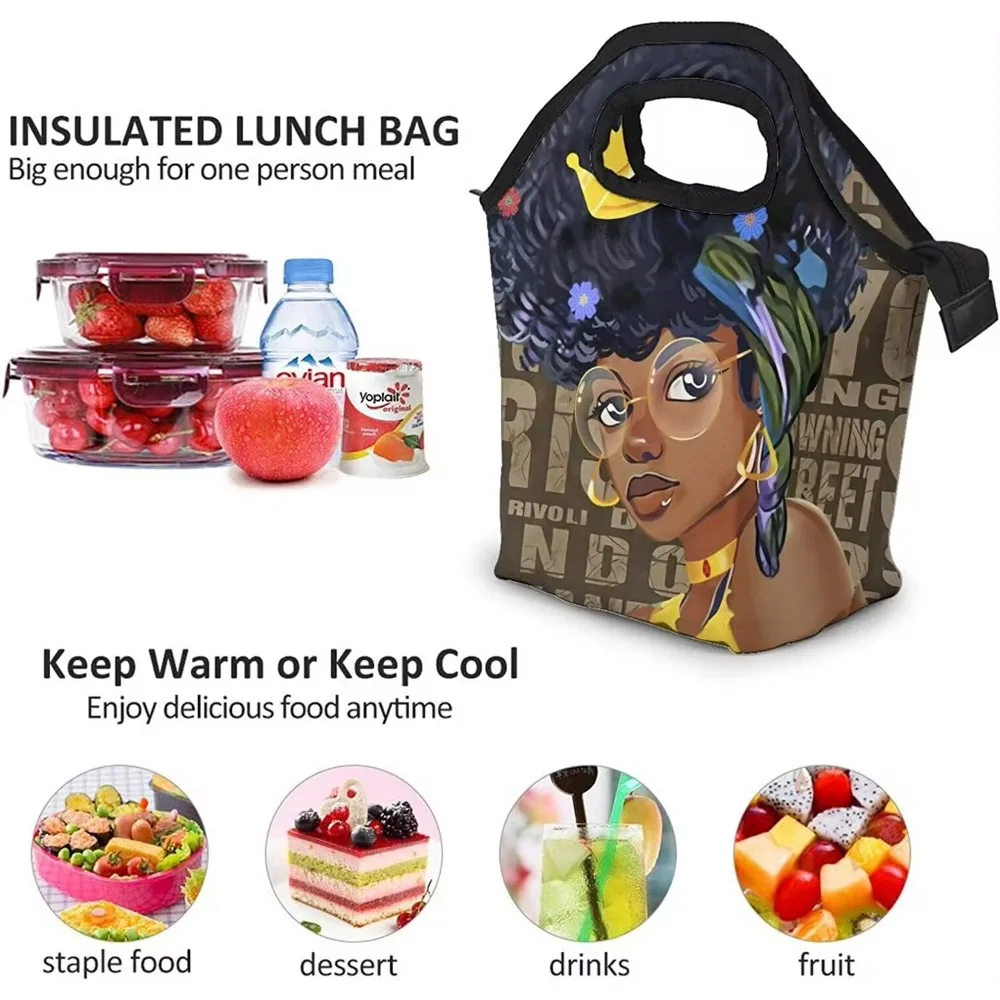 African American Women Lunch Bag Black Girl Handbag Lunch Kit Insulated Cooler Box for Travel Picnic Work School Reusable