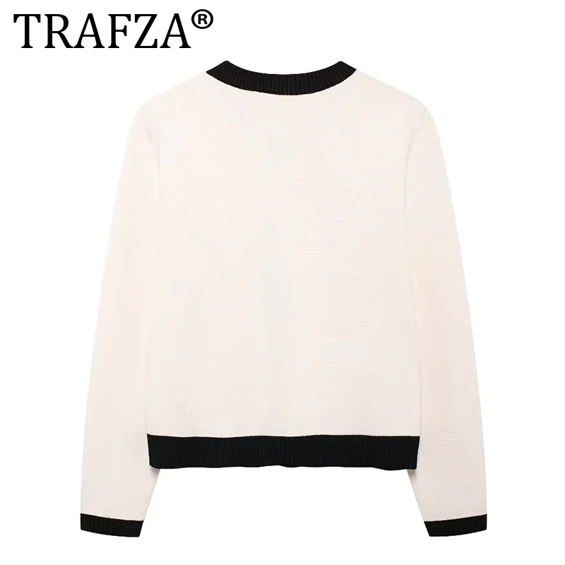TRAFZA Women Knitted Sweater Metal Button Tunic Cardigan O Neck Elegant Black White Patchwork Slim Long Sleeve Elastic Outwear 