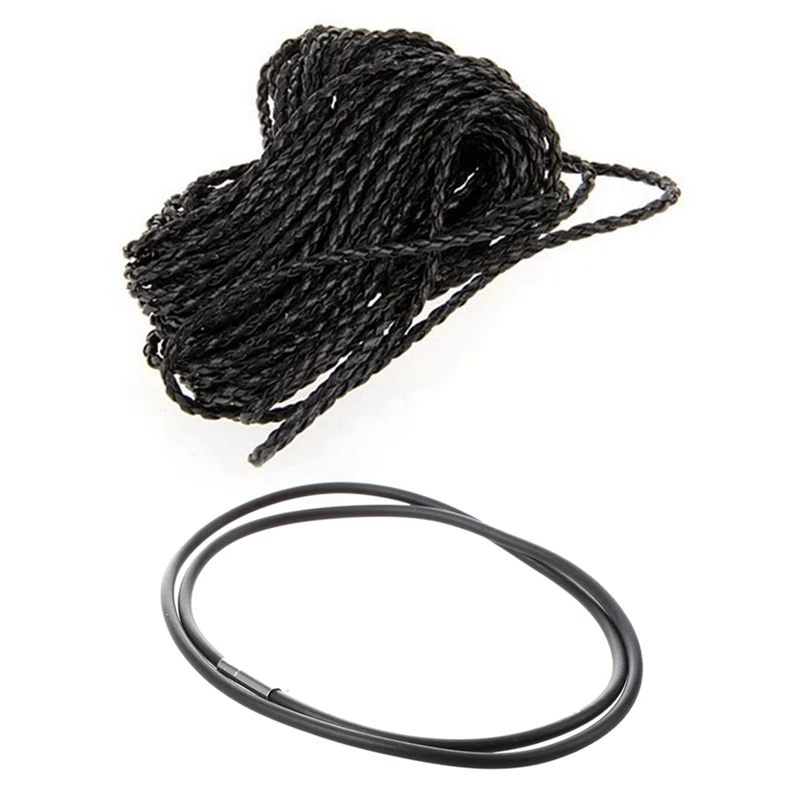 9M Preto Trançado Couro Colar Cord String DIY 3Mm HOT Com 3Mm Colar De Cordão De Borracha Preta-24 Polegada