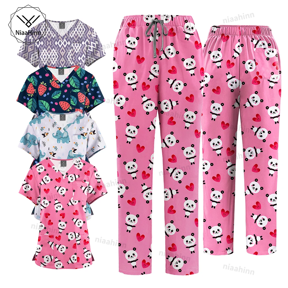 Niaahinn Printed Women Hospital Scrub Tops Pants Set Pet Clinic Veterinary Uniform Aesthetic Uniforms Medical Nurses Accessories