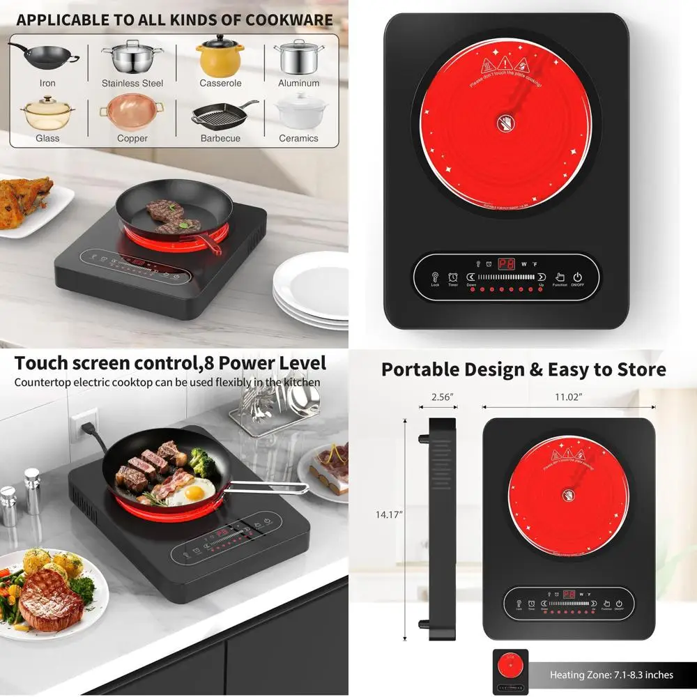 

Portable 110V 1800W Electric Cooktop with 10 Power Levels, LED Touch Control, Timer, and Safety Lock