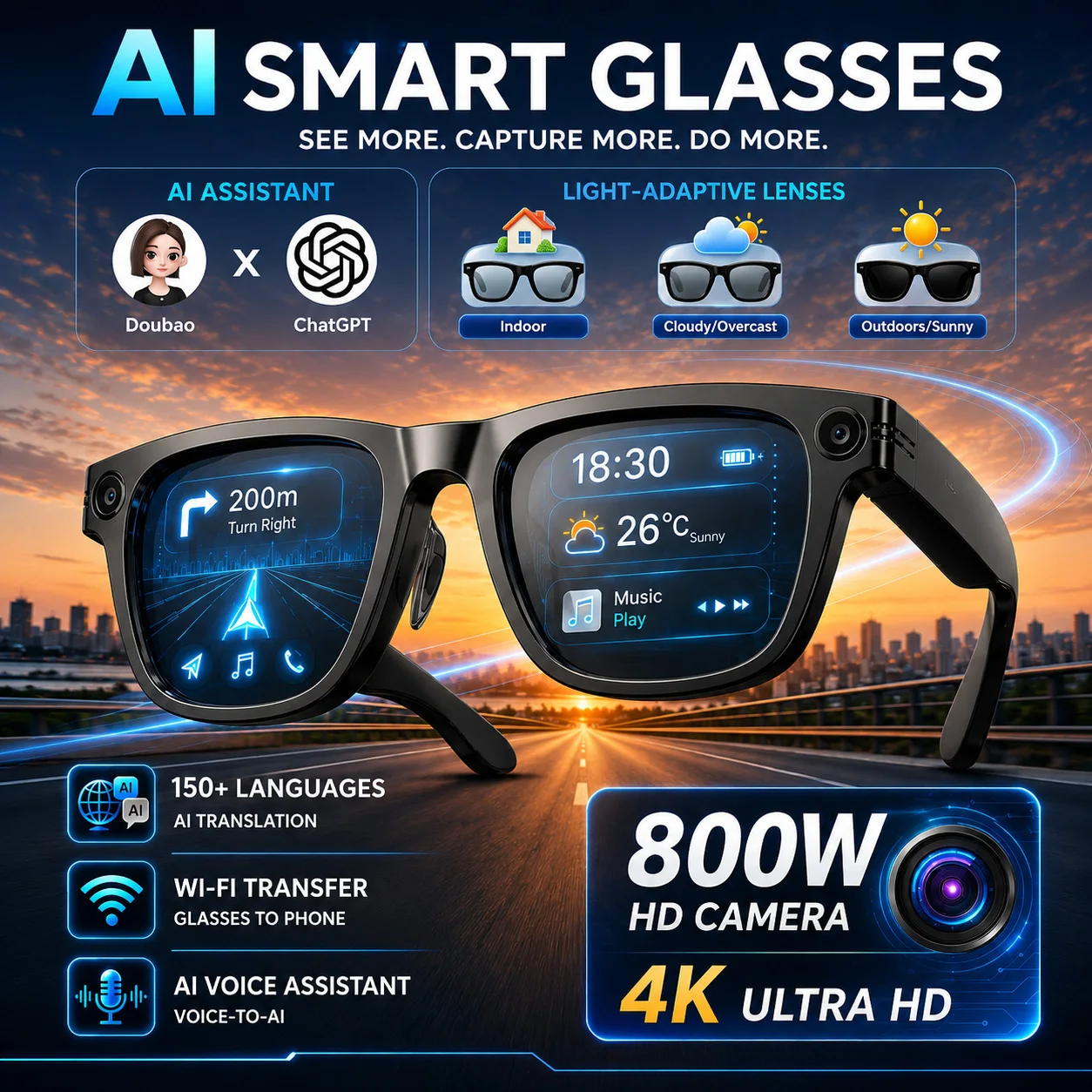 2026 Neue KI-Smart-Brille mit 800MP-Kamera, KI-Erkennung, 130+ Sprachübersetzungen, WLAN-Übertragung, 4K-Video und Farbwechsel-Funktion