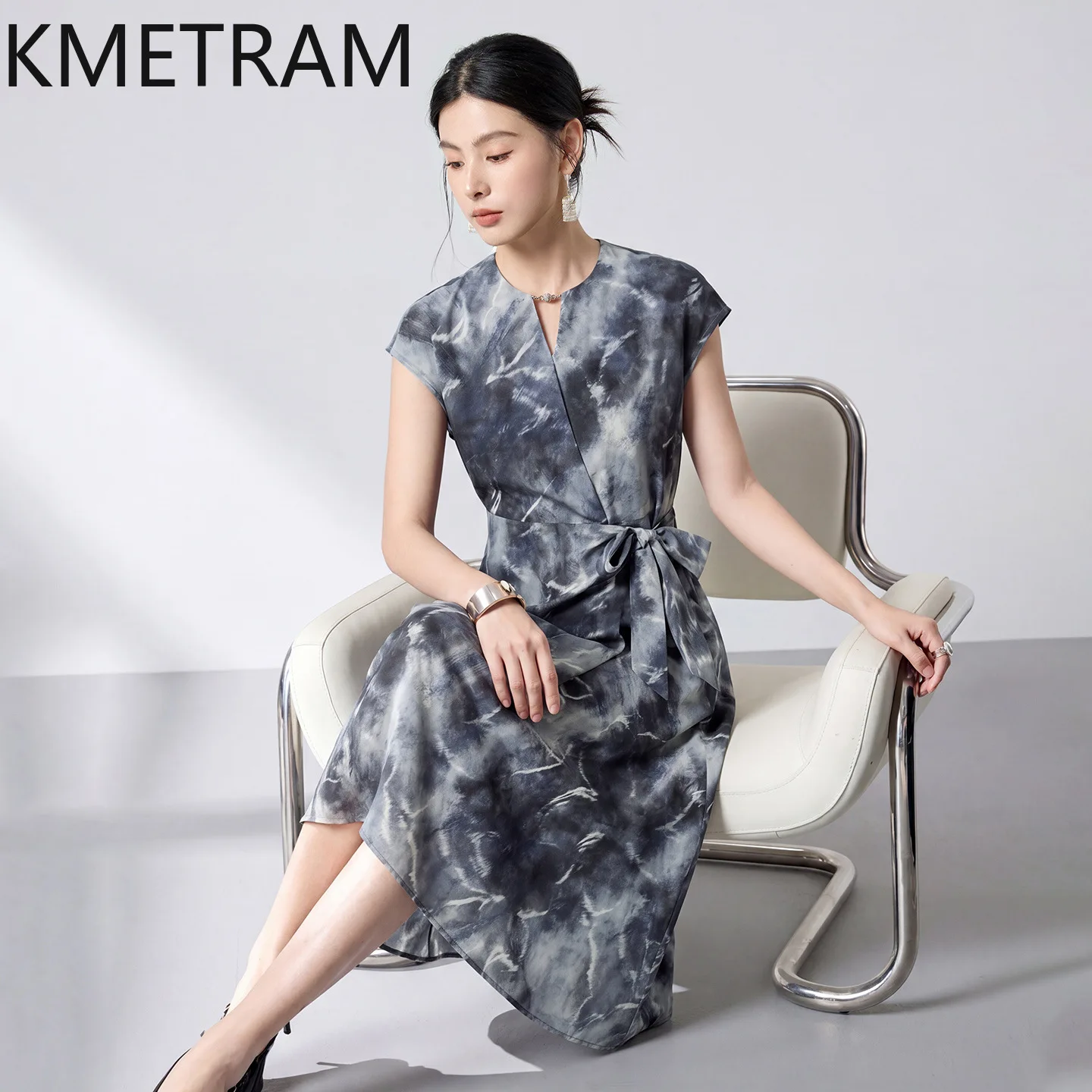 KMETRAM 89.9% Real Mulberry Silk Dresses for Women Elegant V-Neck Midi Dress Summer Casual Frocks New Woman Clothing 2026 платье