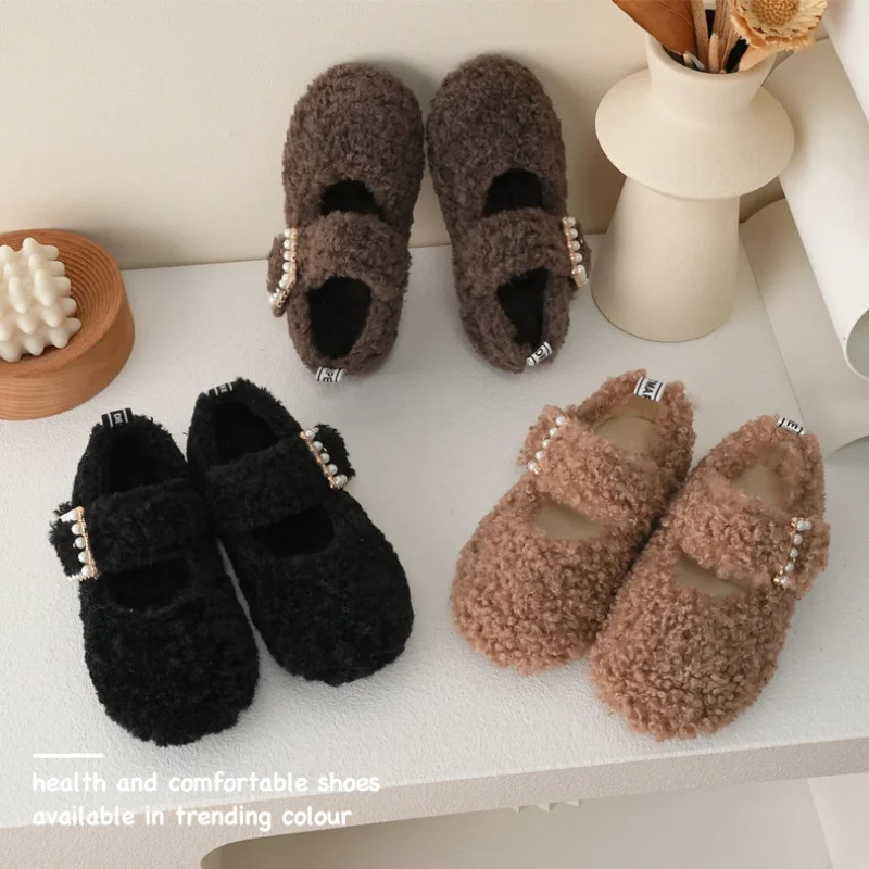 Girls Princess Shoes 2022 Winter Fashion Mary Jane Dress Dance Baby Kids Flats Ballet Brand Warm Fur Pearls Cute Soft Sole