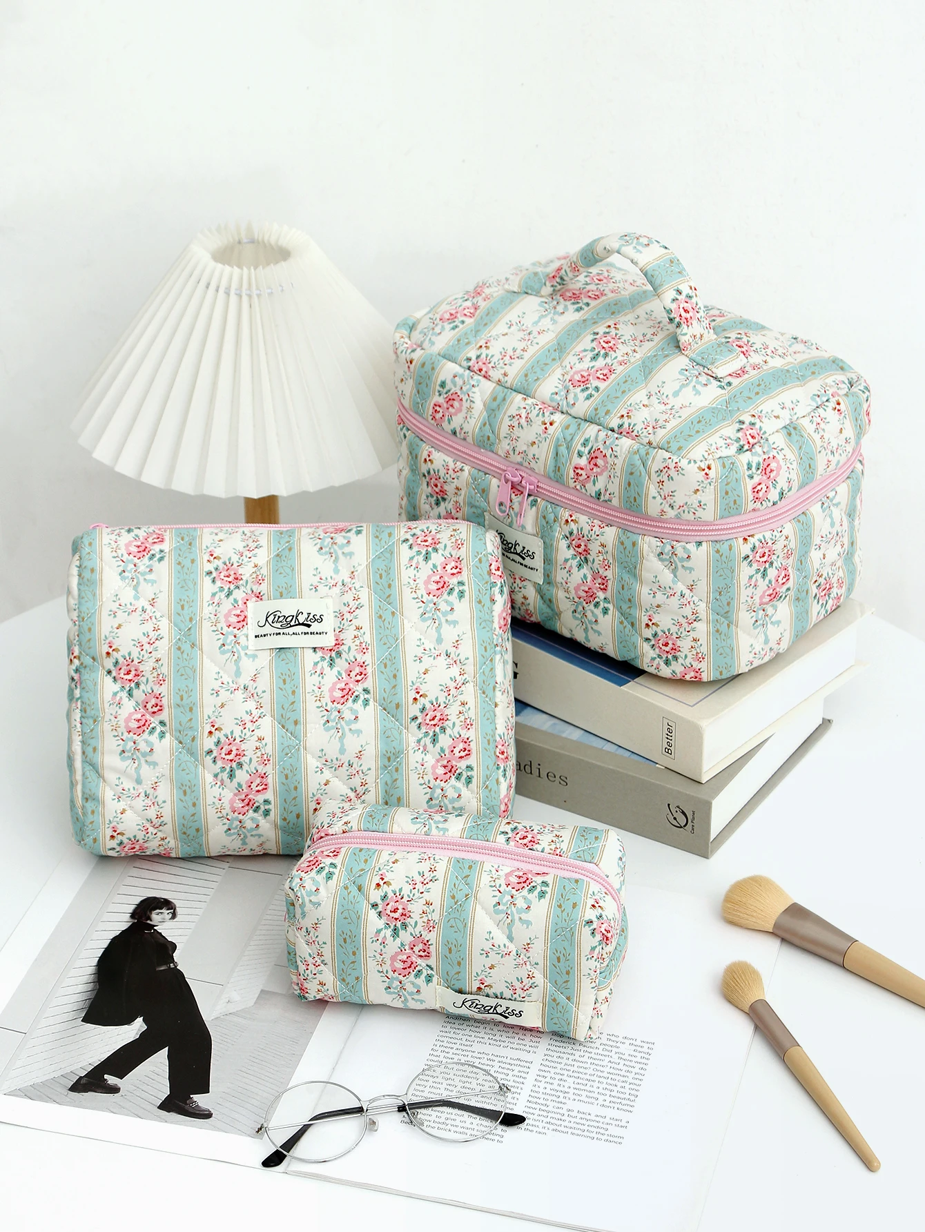 1 stk/set roze bloem groen streeppatroon multifunctionele cosmetische opbergtas organizer met ritssluiting voor thuisreizen en school