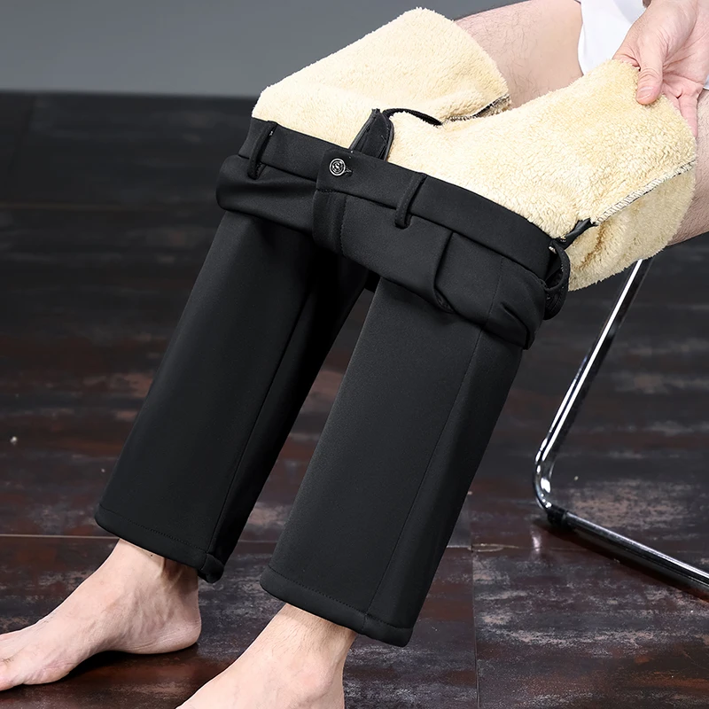 Herren Einfarbige Gerade Lange Winter-Anzughose Vollständig Lammfell-Futter Knitterfrei Thermisch Superwarm Kalte Jahreszeit Büro Formelle Hose – Detail 26