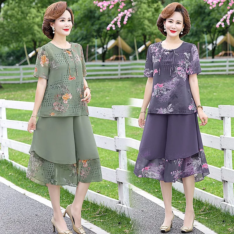 Elegant Chiffon Floral Summer Suit Middle-aged Womens Short Sleeve T-shirt Top &wide-leg Pants 2 Pcs Sets For Women Clothes