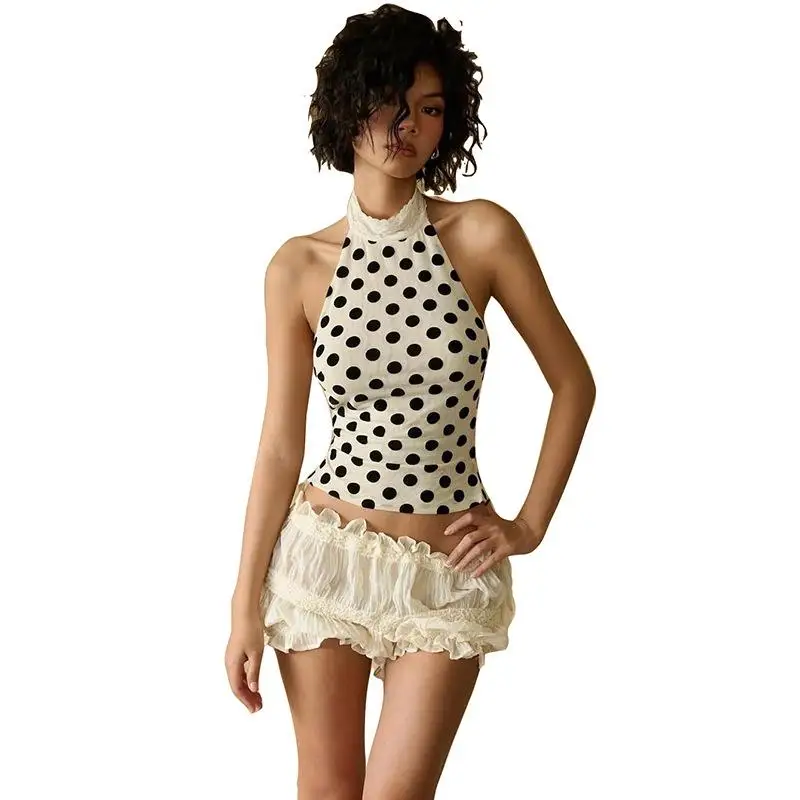

Summer Vintage Polka Dot ter Waist-Cinching Vest Top Women's Slim Fit Cross-Border Sle ort Length Tee-acetate Fiber