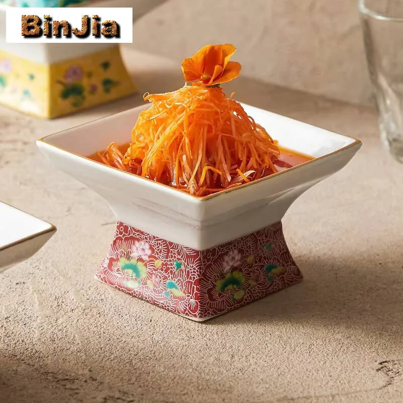 

Креативная керамическая чаша эмалированного цвета, десертное блюдо для йогурта с высокой ножкой, отель, ресторан, окружающая квадратная тарелка для фруктов и закусок, поднос