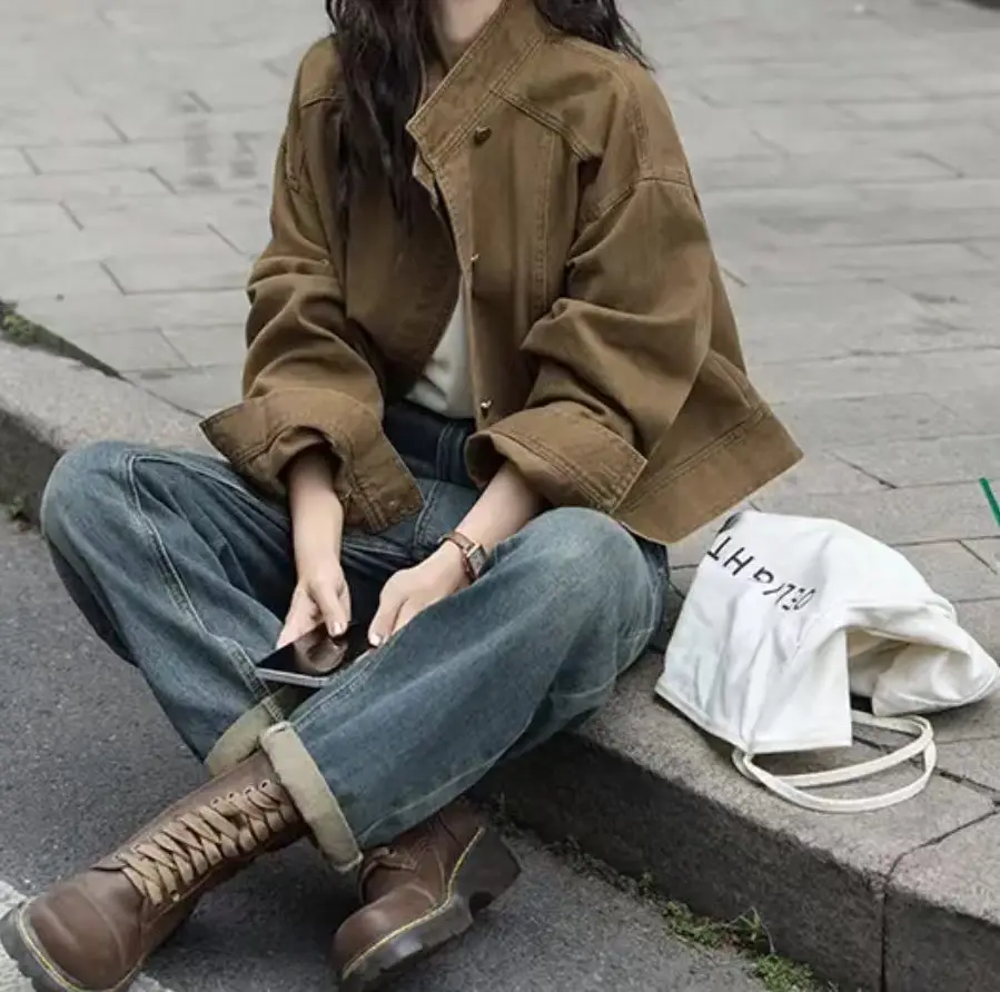 Autumn retro coffee denim short jacket women's stand-up collar tooling jacket top women