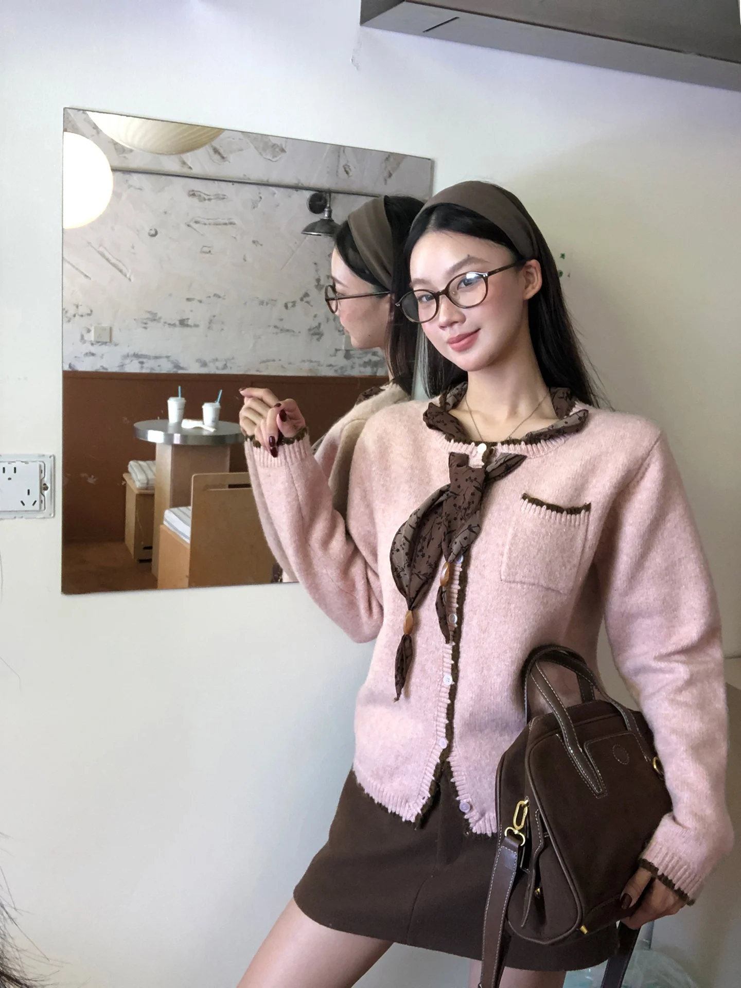 كارديجان نسائي طويل الأكمام محبوك مفتوح باللون الوردي، أسلوب خريف 2025 الجديد، سترة مضادة للشيخوخة بأسلوب G #3