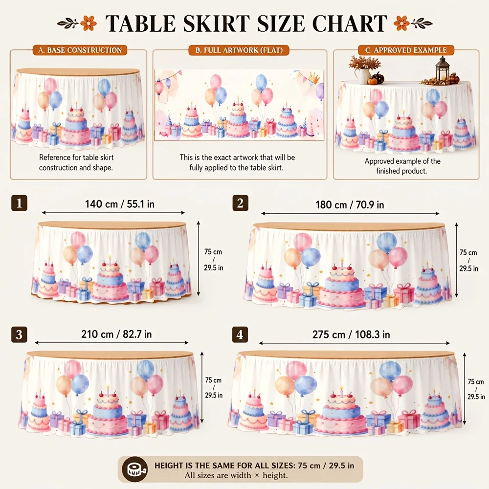 One table skirt. Birthday celebration table skirt. Printed polyester, colorful festival style, whimsical watercolor effect.