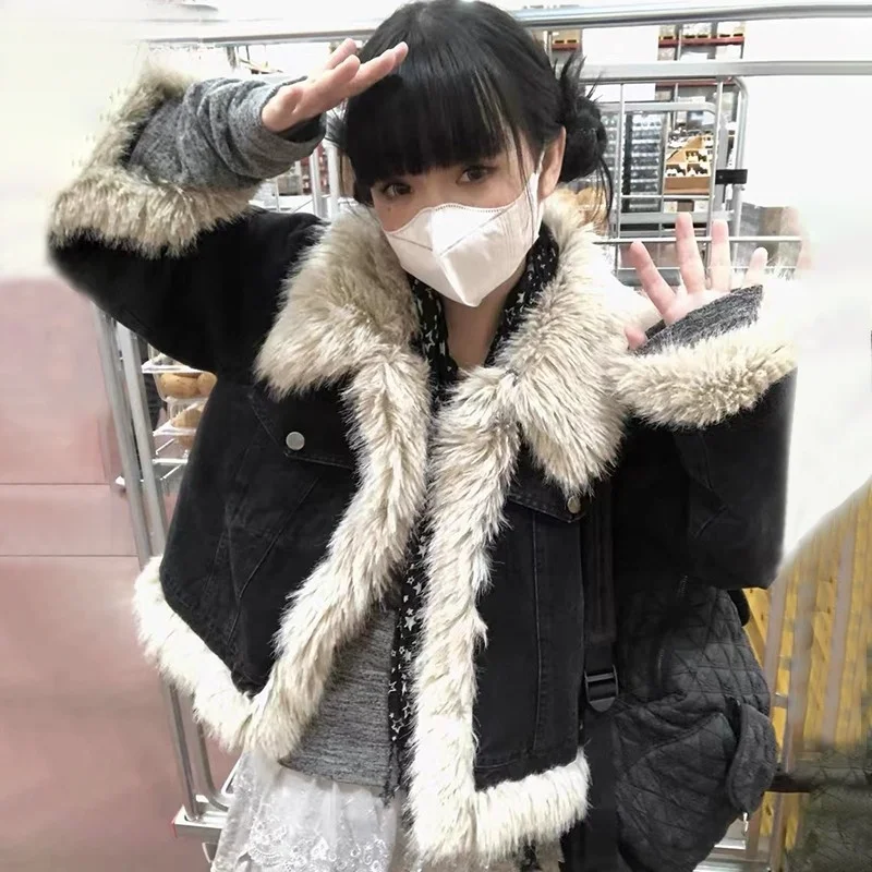Y2k Aesthetics Black Denim Coat Grunge Fairycore Jeans Fur Jacket 2000s Harajuku Winter Coat Patchwork Vintage Korean