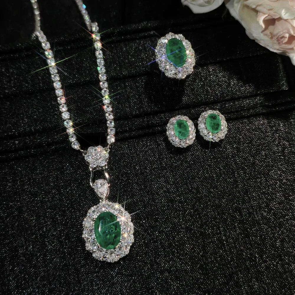 Luxury-Style 925 Sterling Silver Green Full-Diamond Exposed Ring for Women - Elegant Pendant Earrings Set of Three