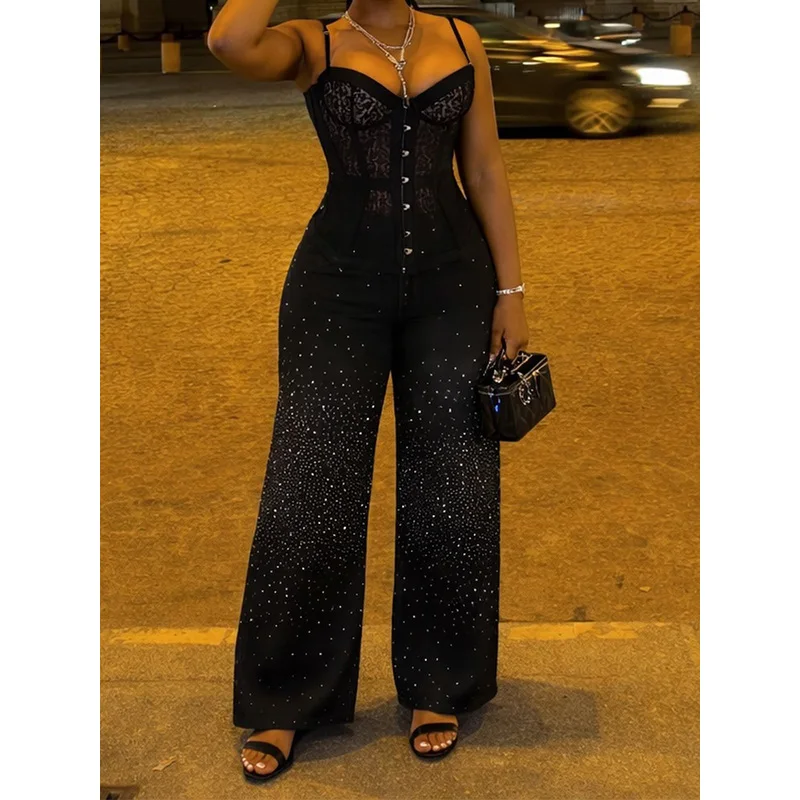 Picture 3: Slergiri Black Heavy Industry Rhinestone Wide Leg Jeans Women Fashion New 2026 Summer High Waist Y2k Baggy Straight Leg Pants