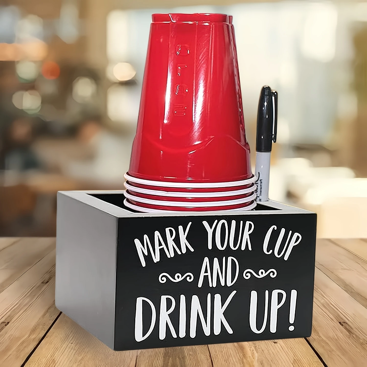 Wooden Solo Cup Holder - Stylish Party Organizer with Marker Slot - Perfect for Weddings, Bars &  Decor - Durable, Disposable, a