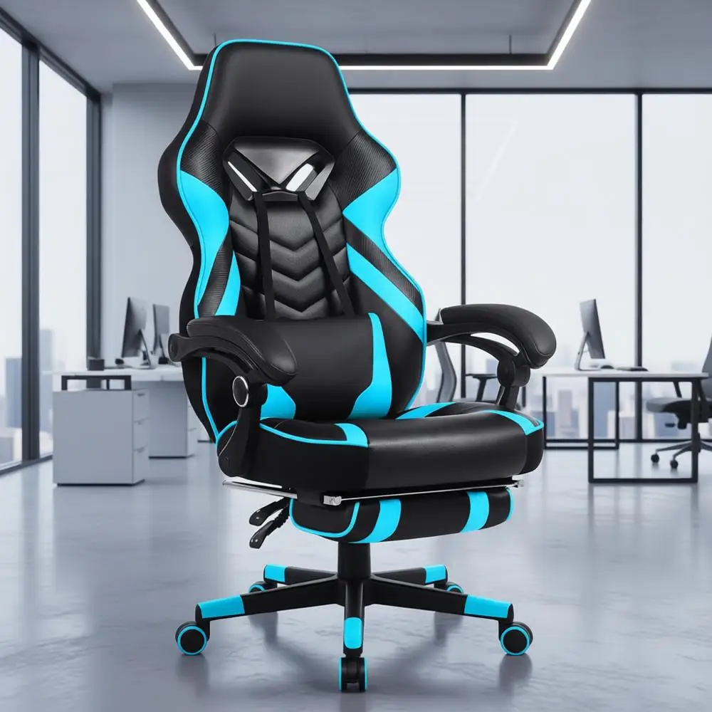 

Эргономичное игровое кресло с высокой спинкой для взрослых, подставкой для ног, поясничной опорой и массажем, карманной пружинной подушкой (голубой/черный)