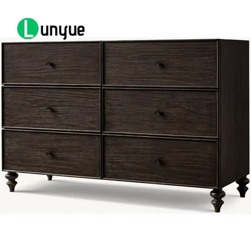 American Vintage 6 Drawer Solid Oak Wood Dresser Eco Friendly Dark Finish Rotary Legs Storage Cabinet for Bedroom Living Room