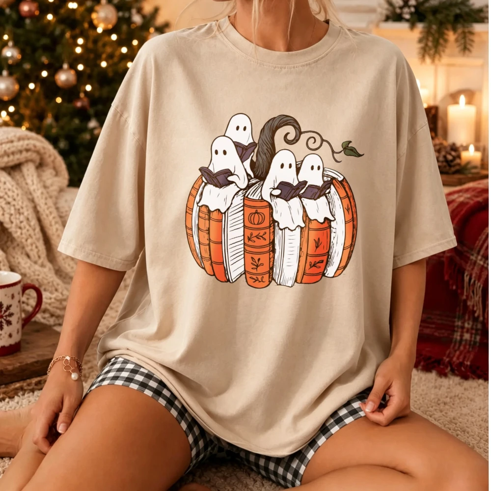Cute Book‑Reading Ghosts Pumpkin Halloween Graphic T‑Shirt Four Little Ghosts Reading Books Inside Vintage Pumpkin Casual Tops