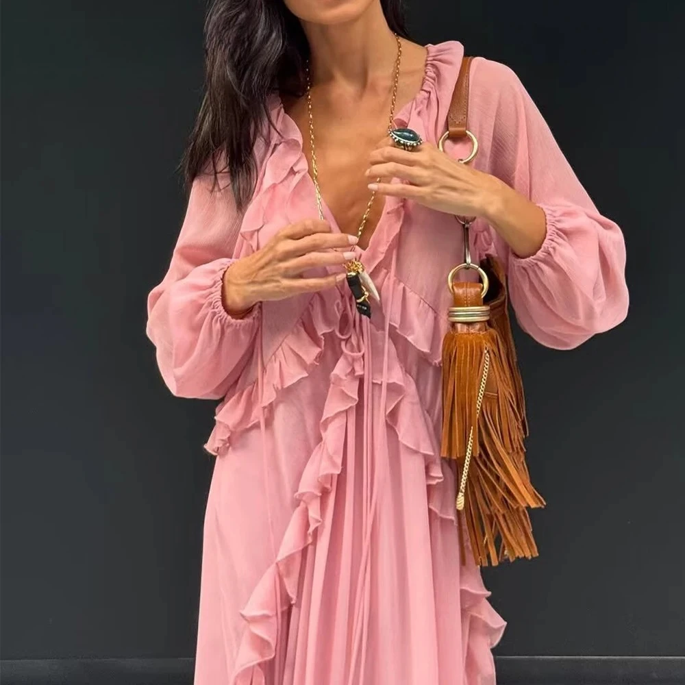 Kondala 2025 verão casual em camadas vestidos femininos rendas com decote em v vestido drapeado manga longa solta moda mujer vestidos