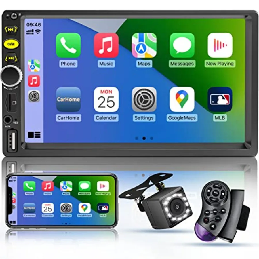

7 Double Din Touch Screen Car Radio with Apple CarPlay, 7 Inch Bluetooth Car Stereo with Backup Camera, FM Steering Wheel Contr