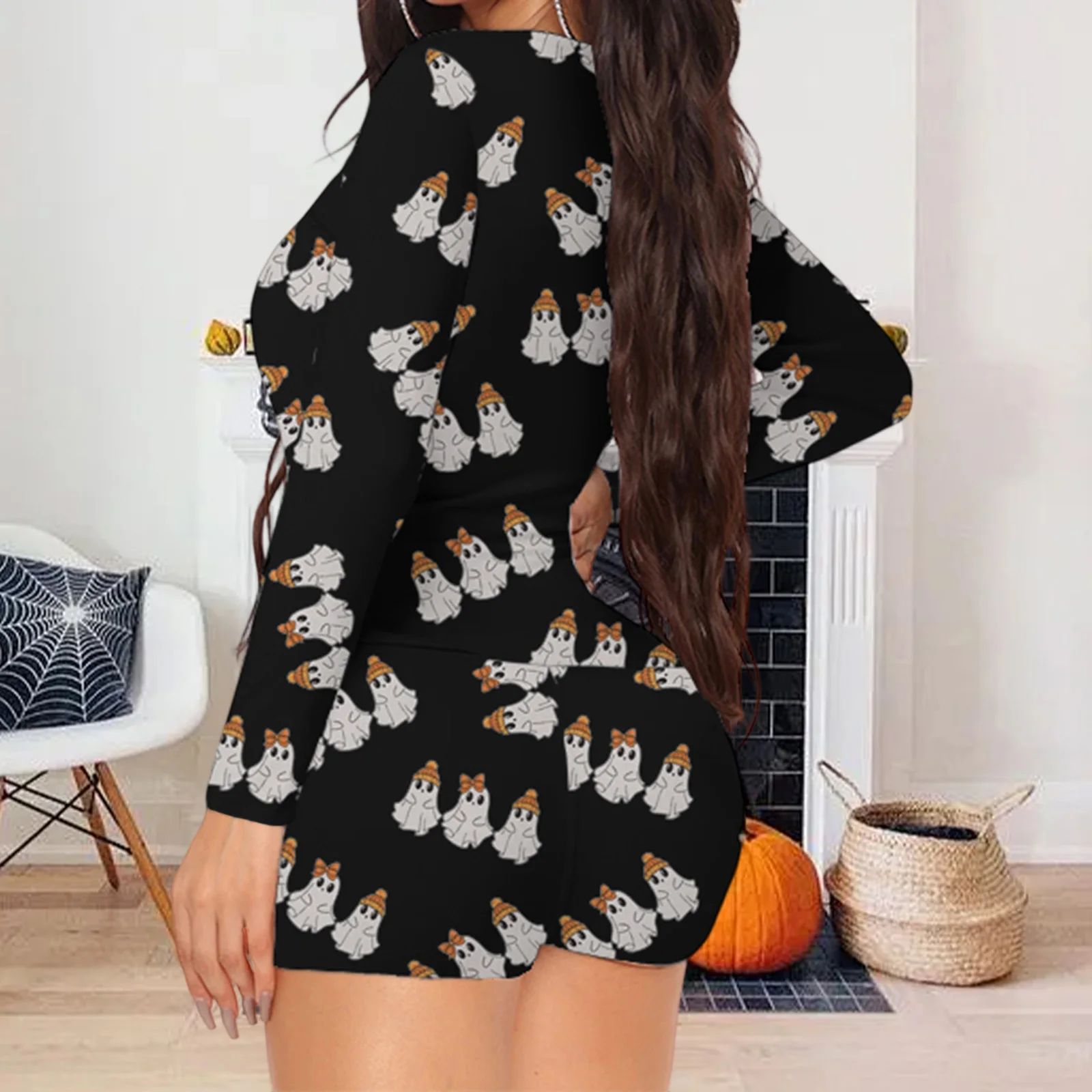 Women's Halloween Bodycon Jumpsuit Long Sleeve V Neck Ghost Letters Grimace Print Slim Bodysuit Loungewear Sleepwear