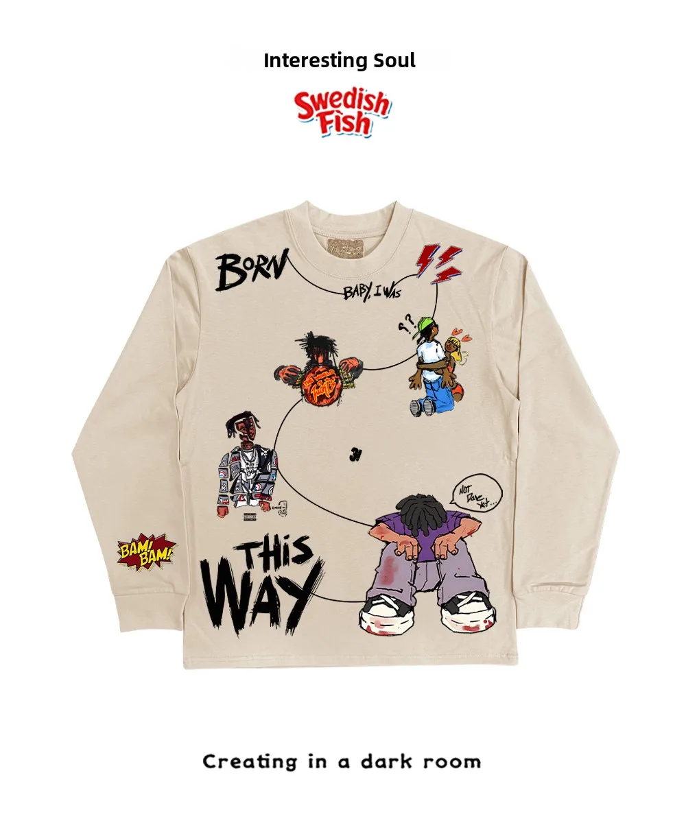 

Olive Khaki Long Sleeve Cotton T-Shirt Original Oldschool Hip Hop Cartoon 240g Pure Cotton Sun Protection Clothing Accessories