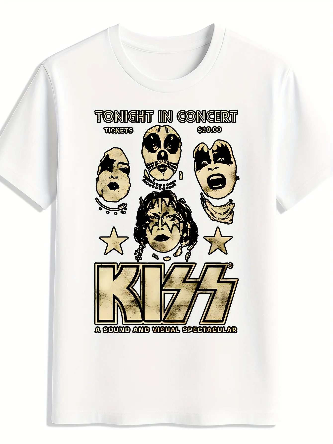 تي شيرت برسومات Kiss Rock Band للرجال بأكمام قصيرة ورقبة دائرية من البوليستر مع تصميم أيقوني ليلاً باللون الأسود