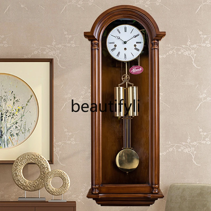 Five-tone wall clock wall European solid wood machinery living room classical retro silent pendulum clock