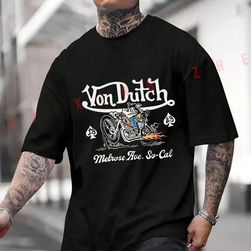 

American Retro Motorcycle Cartoon Print Motorcycle T-shirt Men And Women Cotton Casual Tshirt Short-sleeve O-neck Tops