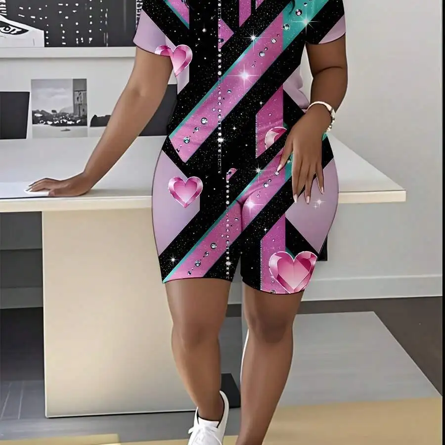 

Women Short Sleeve Shorts Set Pink Black Teal Geometric Heart Print Sparkle Casual
