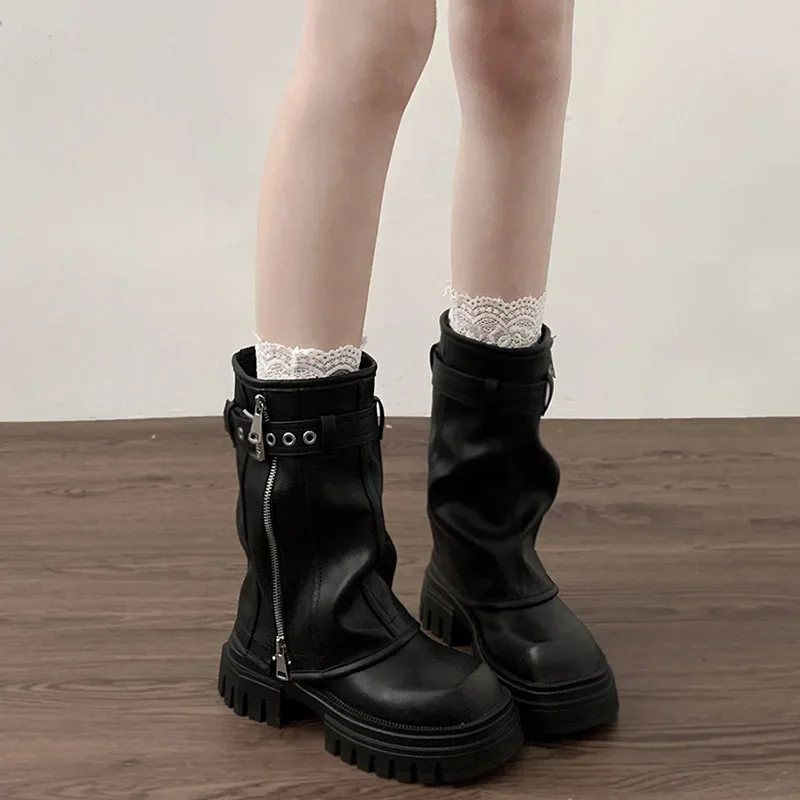 Winter Women Biker Boots Fashion Belt Buckle Ladies Elegant Platform Flats Short Booties Casual Women's Knight Booties