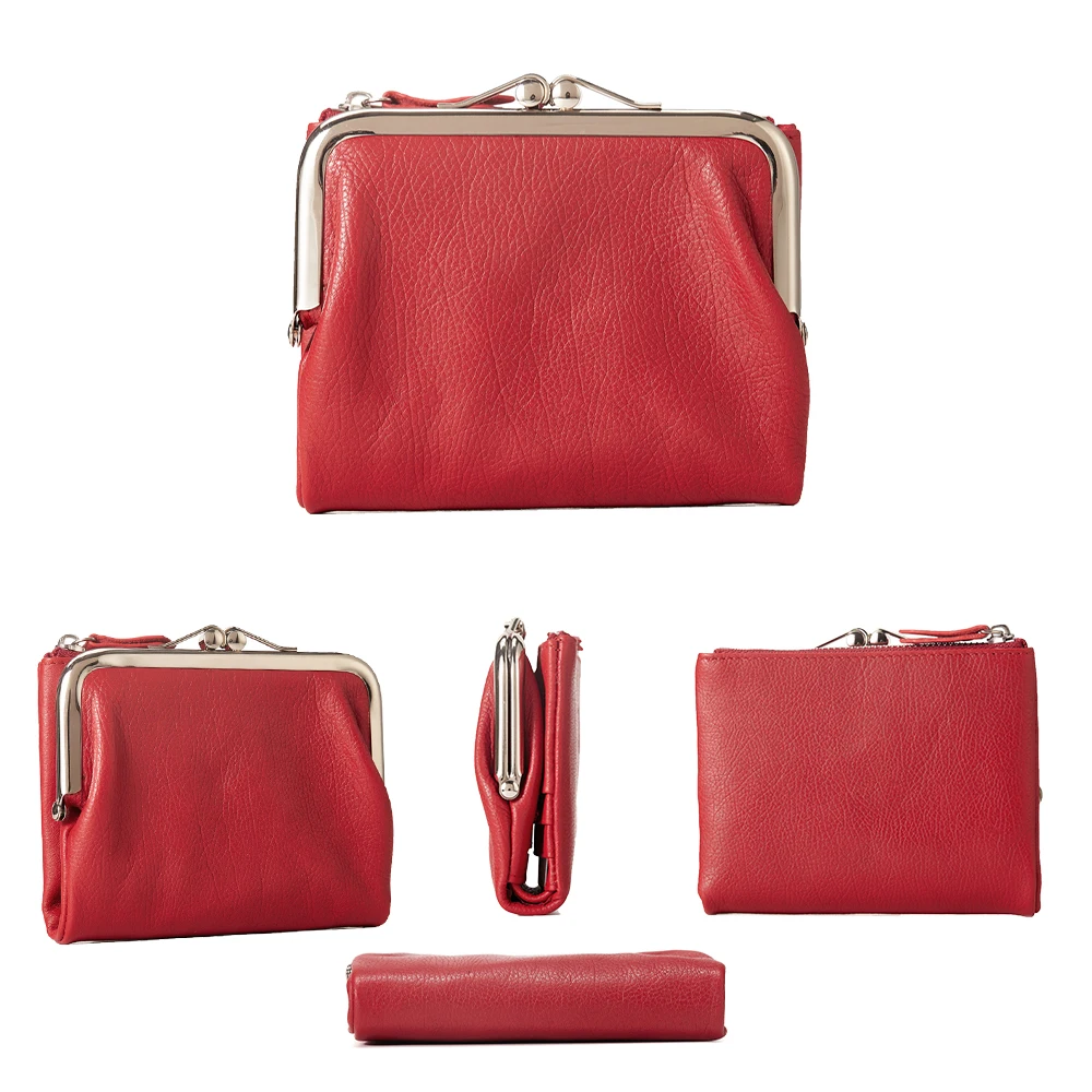 Annmouler 100% oryginalne skórzane portfele damskie krótkie etui na karty luksusowe blokowanie RFID krótkie Bifold Cow Leather Kiss Closure