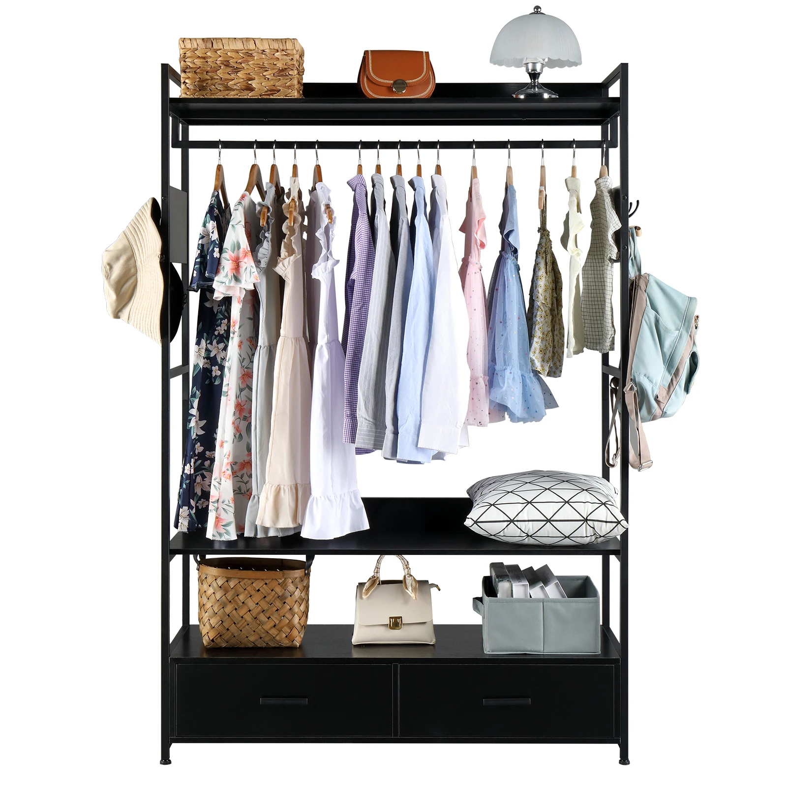 Independent Wardrobe Manager, Hanger, Multiple Storage Racks And Drawers, Heavy Metal Closet Storage Rack For Bedroom-Black