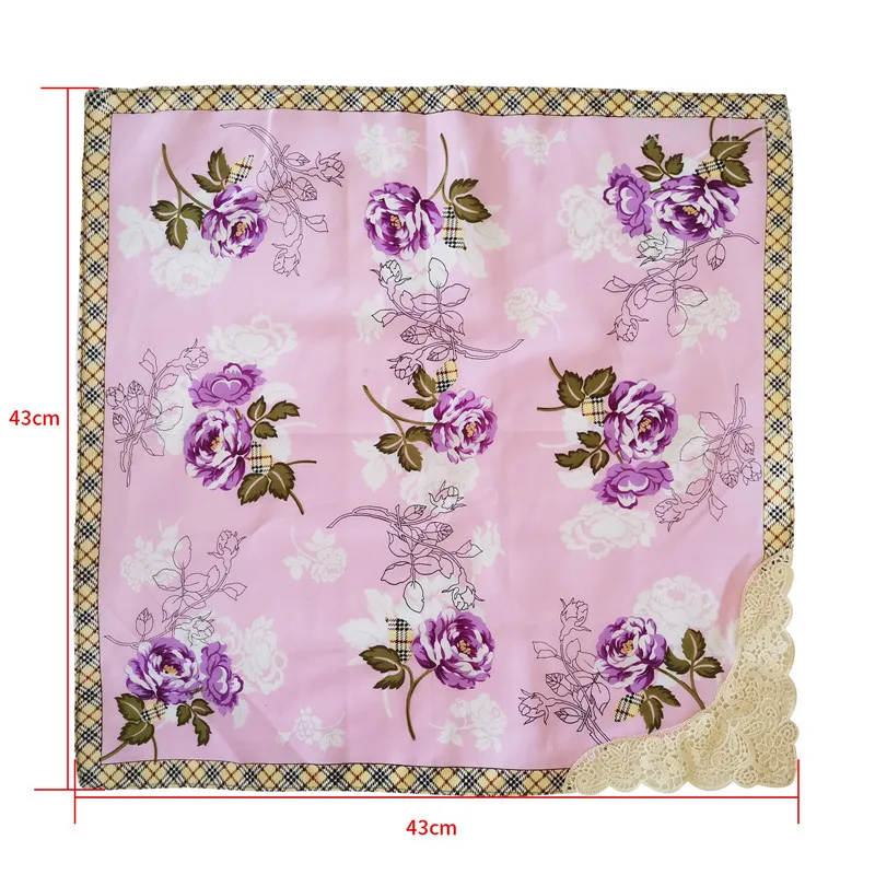 1Pc 43x43cm Flower Printed Cotton Hollow Lace Sweatwipe Square Scarf Women Handkerchief Wedding Party Gift