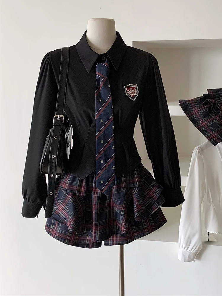 Women Japanese Y2k Preppy JK Coquette Gyaru 2000S Coquette Outfits 2 Piece Set Long Sleeve Skirts With Tie + Mini Plaid Skirts